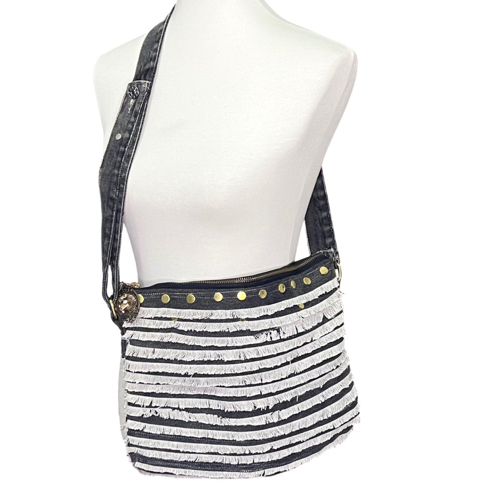 Handcrafted Purse One of a Kind Fringed Denim Crossbody Bag Black White Studded